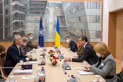 NATO Secretary General Jens Stoltenberg in a meeting with Ukraine's Foreign Minister Dmytro Kuleba last Monday in Brussels.