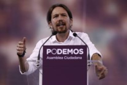 Pablo Iglesias en la asamblea de Podemos, el s&aacute;bado, en la plaza de toros de Vistaalegre, en Madrid.