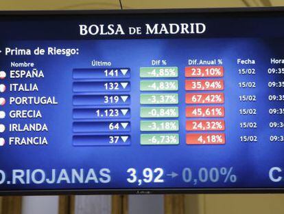 Panel informativo de la Bolsa de Madrid que muestra el valor de la prima de riesgo en algunos pa&iacute;ses de la zona euro, durante la jornada de ayer.