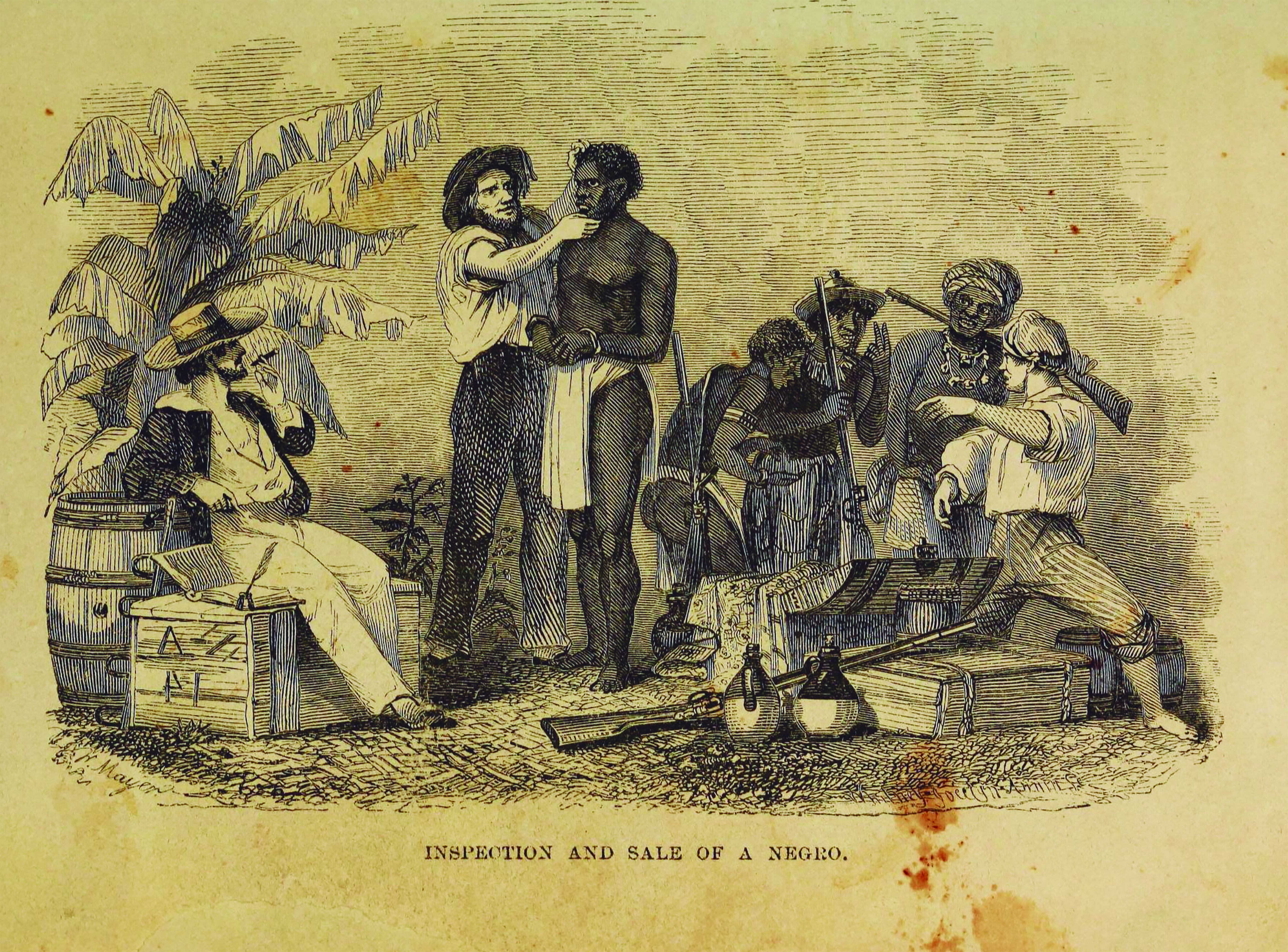 Un grabado conservado en la Biblioteca de Filadelfia representa la inspección y venta de esclavos en Nueva York en 1854.