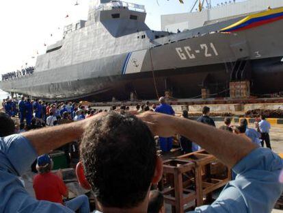 Botadura del buque venezolano de vigilancia del litoral Guaicamacuto en los astilleros de Navantia en San Fernando en 2008.