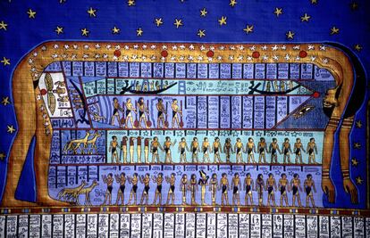 La diosa Nut se dobla para crear el cielo. Copia de papiro basada en la decoración del templo egipcio de Dendera.