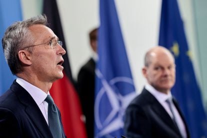 Stoltenberg and Scholz at a joint press conference in Berlin on Tuesday.
