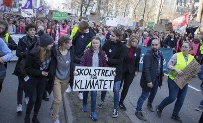 Greta Thunberg en la manifestación por el clima de Bruselas, este jueves.