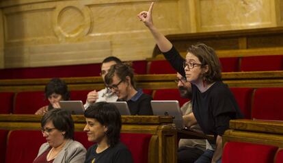 La diputada Eulàlia Reguant indica el sentit del vot.