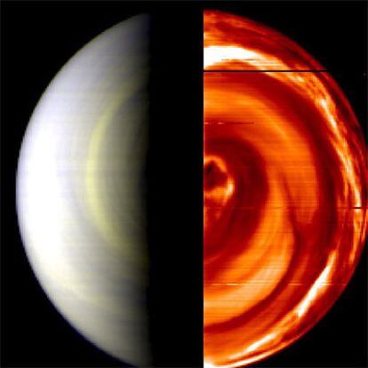 Imagen combo distribuida hoy jueves 13 de abril por la Agencia Espacial Europea (ESA) que muestra el Polo Sur del planeta Venus, nunca fotografiado hasta ahora.