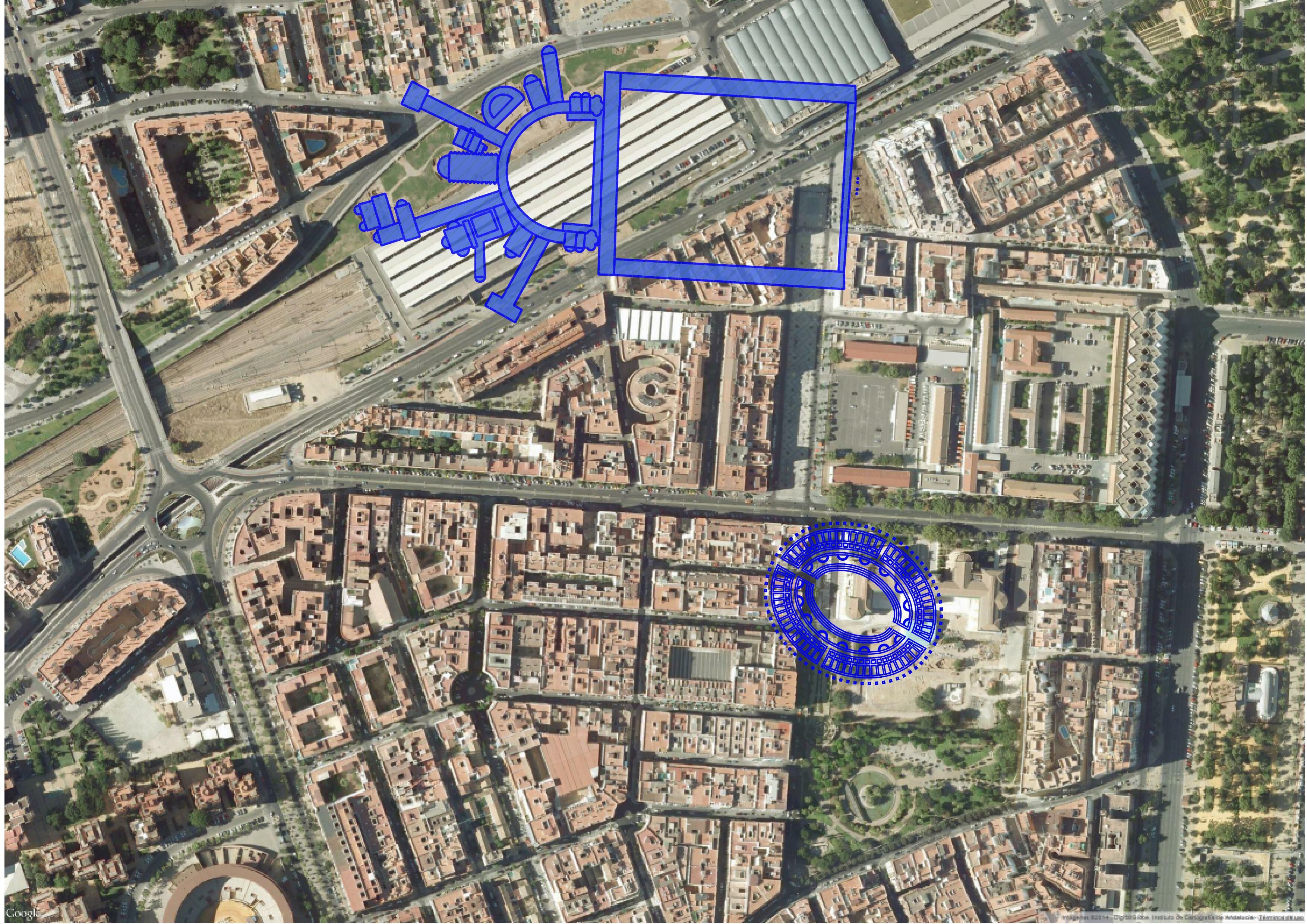 Superposición sobre una imagen de Google de la estación de Córdoba del palacio imperial y un anfiteatro cercano.