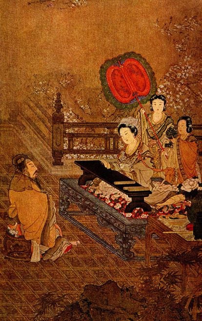 El rey Mu Wang, de la dinastía Zhou de CHina, es entretenido por unas mujeres que tocan un instrumento llamado 'guzheng'. |