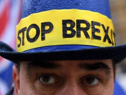 Un manifestante contra el Brexit, junto al Parlamento brit&aacute;nico.