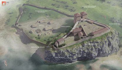 Infografía del castillo de Gauzón, su iglesia y el poblado cercano.