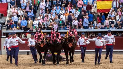 Mulilleros en un festejo de Las Ventas de mayo de 2019.