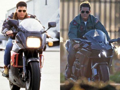 A la izquierda, Tom Cruise en la versión original de 'Top Gun' (1986). El actor volvió a interpretar el papel 32 años después en Maverick.