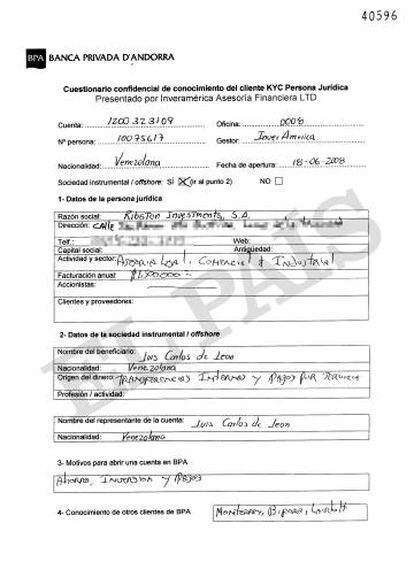 Cuestionario interno que rellenó en la BPA para abrir su cuenta en junio de 2008 el exdirectivo de PDVSA Luis Carlos de León.