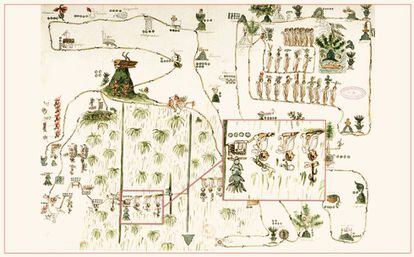 Facsimilar del 'mapa de Sigüenza', que describe la migración de los aztecas desde Aztlán hasta Tenochtitlan. Está resaltado el códice que representa Temazcaltitlan, ubicado ahora en el céntrico barrio de La Merced, en Ciudad de México