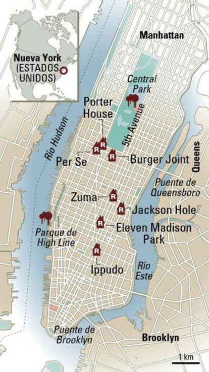 Mapa con los restaurantes de Nueva York.