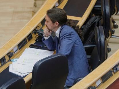 El vicepresidente primero del Gobierno y ministro de Derechos Sociales y Agenda 2030, Pablo Iglesias, durante una sesión plenaria en el Senado, el pasado mes de junio.