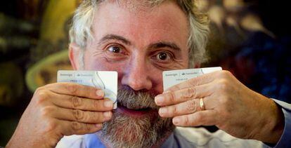 Krugman, sin monedas para que Caronte le traslade al m&aacute;s all&aacute;, con dos tarjetas del Banco de Santander para pagar al barquero.