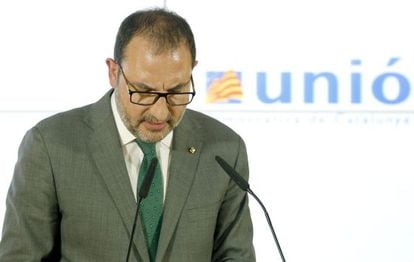 El secretario general de Unió, Ramon Espadaler, durante la rueda de prensa posterior a la reunión extraordinaria del comité de gobierno de Unió.