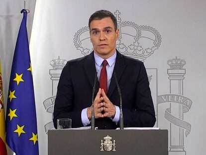 Pedro Sánchez en el anuncio de las medidas del estado de alarma en España.