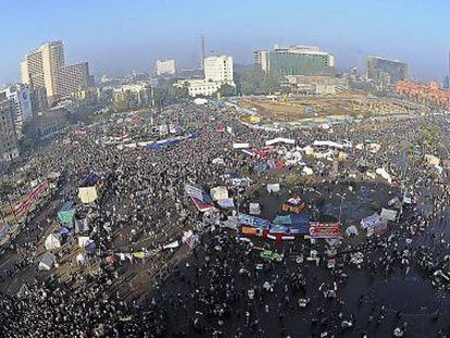 Vista a&eacute;rea de la plaza Tahrir durante las celebraciones.