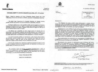 A la izquierda, informe del Servicio de Menores de Castilla-La Mancha emitido en marzo de 2006 en el que ve irregularidades en el centro Nuestra Señora de la Paz de Villaconejos (Cuenca). A la derecha, el Defensor del Pueblo hace mención, en 2007, a un informe de la Consejería de Familia de Madrid sobre el centro Tetuán.