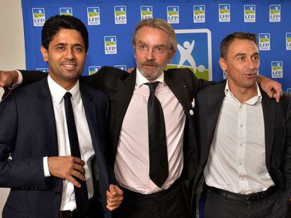 El presidente del PSG, Nasser al-Khelaïfi, junto con el presidente de la Liga francesa, Frédéric Thiriez y su homólogo del Toulouse, Olivier Sadran.
