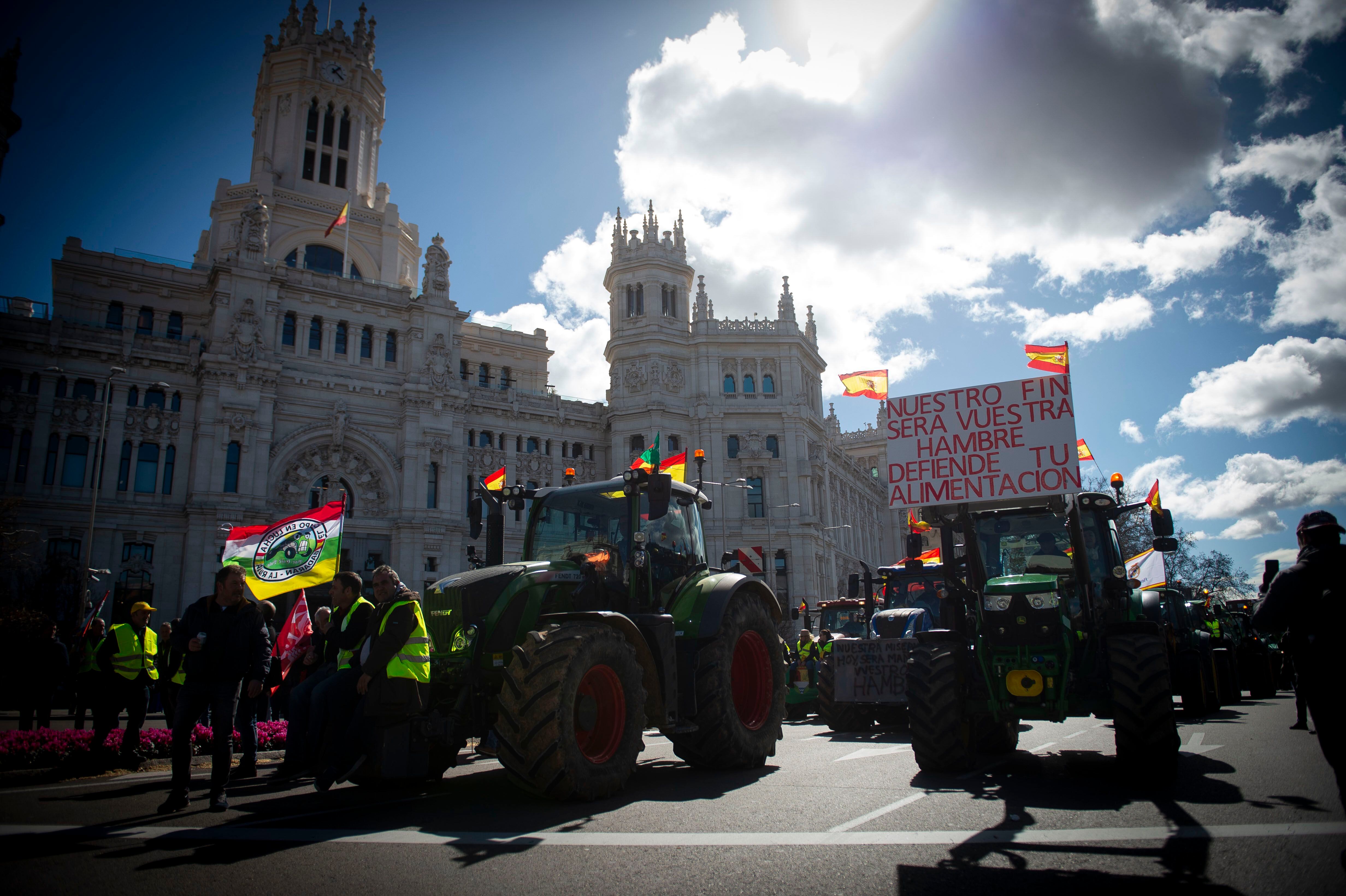 Varios tractores pasan por delante del El Palacio de Cibeles, este lunes durante la protesta agrícola convocada este lunes en la ciudad de Madrid.