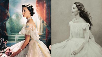 Margarita de Inglaterra, en 1949, y Kate Middleton, en noviembre de 2021, retratadas por Cecil Beaton y Paolo Roversi, respectivamente.