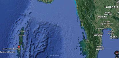 Situación en el mapa de la reserva forestal Jarawa (marcado en rojo) y de Sentinel del Norte.