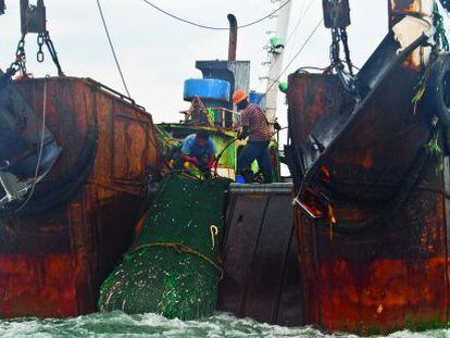 Buque arrastrero izando las redes llenas de pescado en aguas de Sierra Leona.