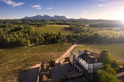 Vista aérea de la bodega y los viñedos de Oller del Mas, con la montaña de Montserrat al fondo (Barcelona).