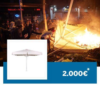 Un portavoz del Gremi de Restauració de Barcelona estima que las sombrillas de terrazas que se anclan en el suelo, como la que están quemando en la imagen, cuesta unos 2.000 euros.