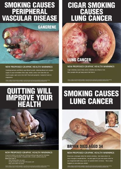 Combinación de cuatro imágenes distribuida por el Gobierno de Australia con algunas de las advertencias sobre el riesgo para la salud de fumar que aparecerán en las cajetillas de tabaco.