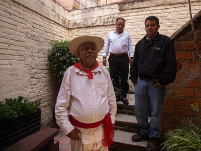 Los defensores de la tierra Felipe Roblada, Rogelio Rosales e Higinio Trinidad de la Cruz, que luchan contra el proyecto de la minera Peña Colorada en Jalisco, retratados el pasado 29 de agosto.