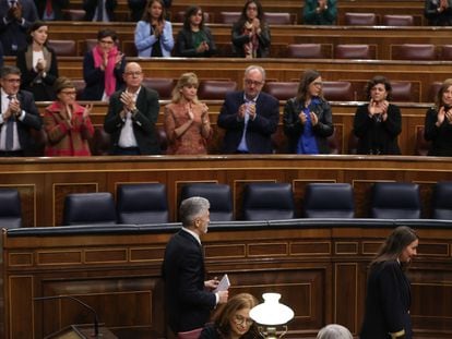 El ministro del Interior, Fernando Grande-Marlaska, era aplaudido el miércoles por la bancada del PSOE tras su intervención en el pleno del Congreso.