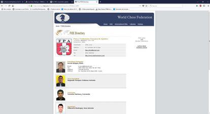 Página correspondiente a la Federación Peruana en el portal oficial de la Federación Internacional de Ajedrez. Los destituidos e inhabilitados Boris Ascue y Segundo Vásquez siguen figurando como presidente y vicepresidente, respectivamente.