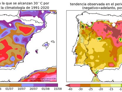 En el mapa de la izquierda, fecha en la que aparecen los 30 grados y en el de la derecha, la tendencia.