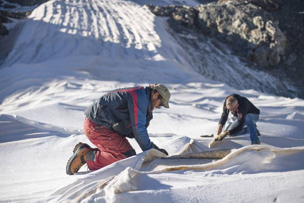 Dos personas retiran la tela protectora del glaciar alpino de Persena tras el verano. 