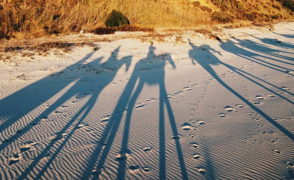 La sombra de un grupo de jinetes en una playa de Doñana.