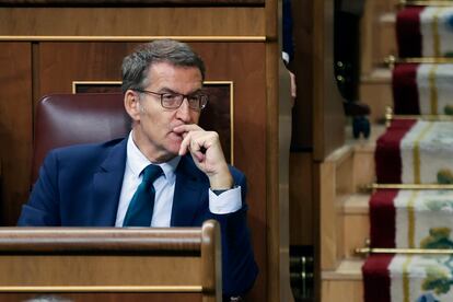 El líder del Partido Popular y candidato presidencial, Alberto Núñez Feijóo, durante la segunda votación de su investidura en el Congreso.