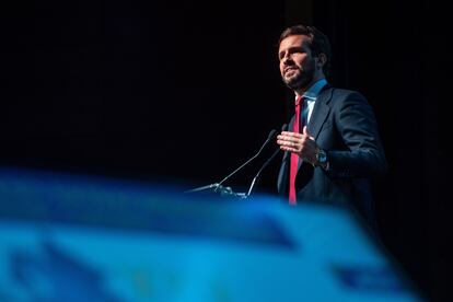 El presidente del Partido Popular, Pablo Casado, clausura este viernes el XXV Congreso Extraordinario de la Unión Europea de Personas Mayores en un hotel de Madrid.