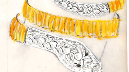 Boceto de un reloj de pulsera Serpenti Tubogas de 1967 con cuerpo en oro, platino y diamantes.