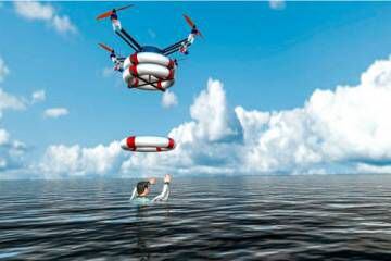 Simulación digital de un rescate en el mar realizado por un dron.