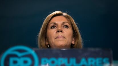 La expresidenta de Castilla-La Mancha, María Dolores de Cospedal, durante la comparecencia en la sede del partido en Madrid en 2018.