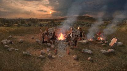 Reconstrucción de la última cena antropófaga del grupo humano que ocupó Reinoso (Burgos) hace 5.500 años.