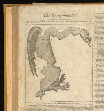 Este mapa del diario 'Boston Gazette' en 1812 del nuevo distrito electoral de Gerry originó el término 'gerrymander'