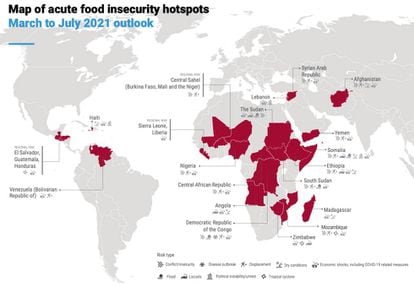 Mapa de los puntos calientes de la inseguridad alimentaria aguda.