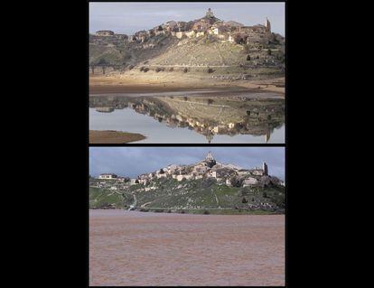 Vista del pueblo de Maderuelo (Segovia), con el embalse de Linares en primer plano. La imagen superior es de oto&ntilde;o de 2012 y la inferior ha sido tomada en marzo de 2013.