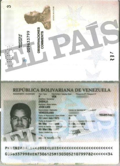 Passport of the Venezuelan insurance broker José Luis Zabala.