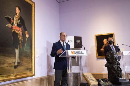 El presidente del Gobierno de Aragón, Javier Lambán, y el de la Diputación de Zaragoza, Juan Antonio Sánchez Quero, presentaron este jueves, en el Museo de Zaragoza, la programación por el 275º aniversario del nacimiento de Goya. 